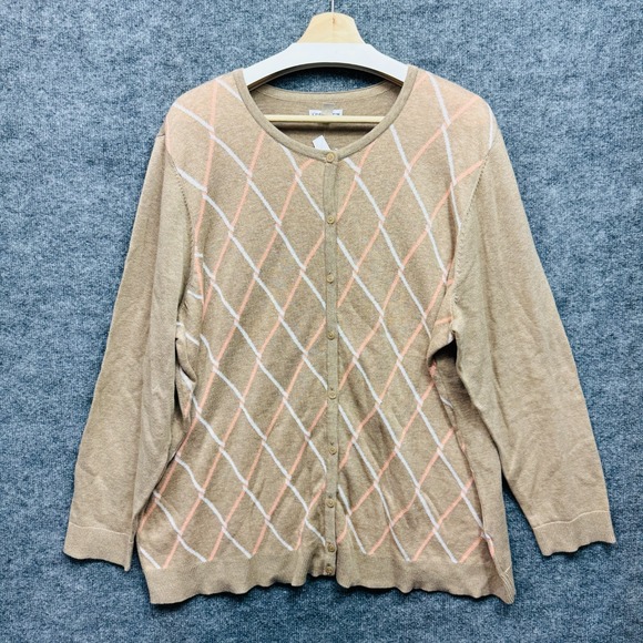 Croft & Barrow 3X Cardigan Sweater 100% Cotton Tan Argyle Preppy Business Casual - Picture 3 of 9
